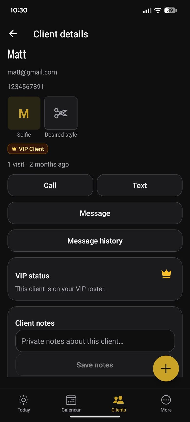 Opening a VIP client with notes and history