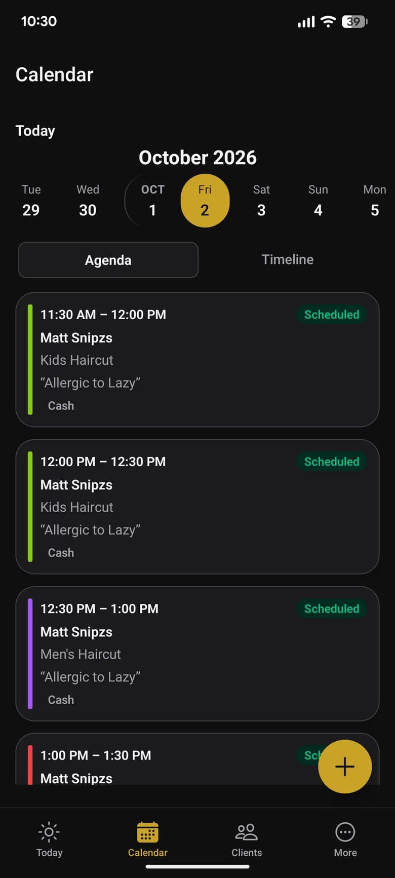 Snipzs on a barber's station: a booking lands on today's timeline